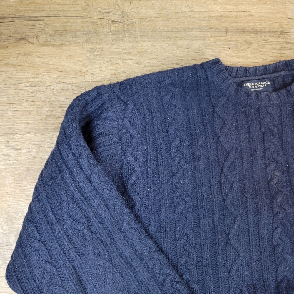 American Eagle Sweater Cable Knit Blue Wool Crew Neck Long Sleeve Pullover XL - Picture 2 of 7